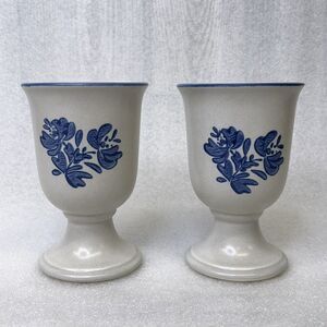 2x Pfaltzgraff Yorktowne Pedestal Stoneware Water Goblets Vintage 5" Tall